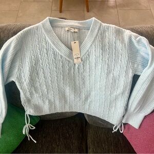 Francesca's Collections Pale Blue Cable-Knit V-Neck Sweater with Side Ties